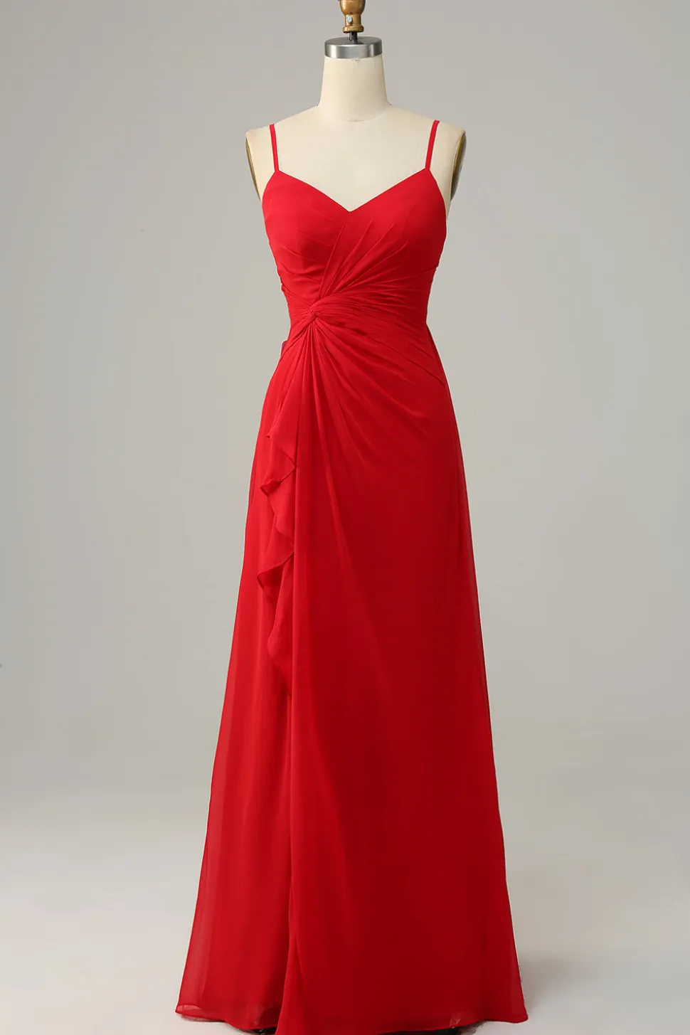 Correias Esparguete Vermelho A Line Vestido Madrinha
