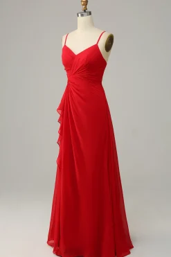 Correias Esparguete Vermelho A Line Vestido Madrinha