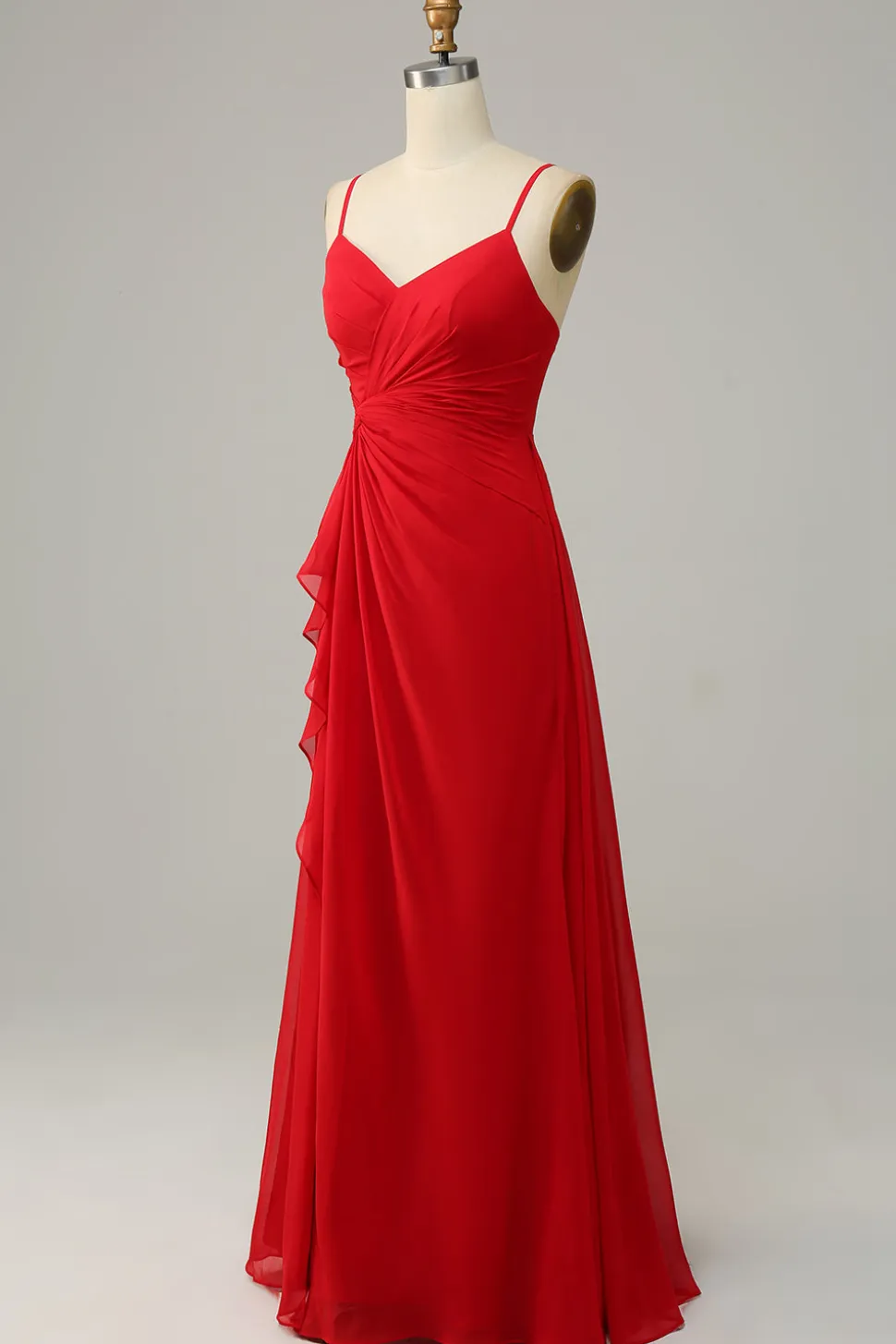 Correias Esparguete Vermelho A Line Vestido Madrinha