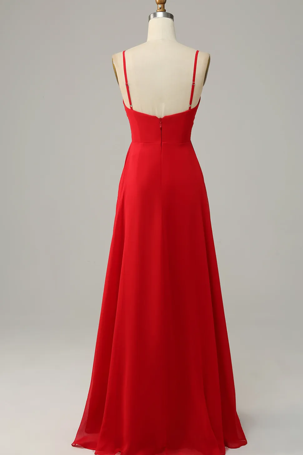 Correias Esparguete Vermelho A Line Vestido Madrinha