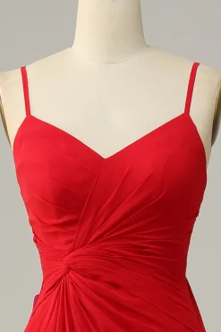 Correias Esparguete Vermelho A Line Vestido Madrinha