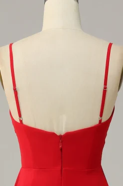 Correias Esparguete Vermelho A Line Vestido Madrinha
