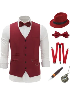 Corrente Borgonha Colete Masculino com Conjunto de Acessórios de 5 Peças