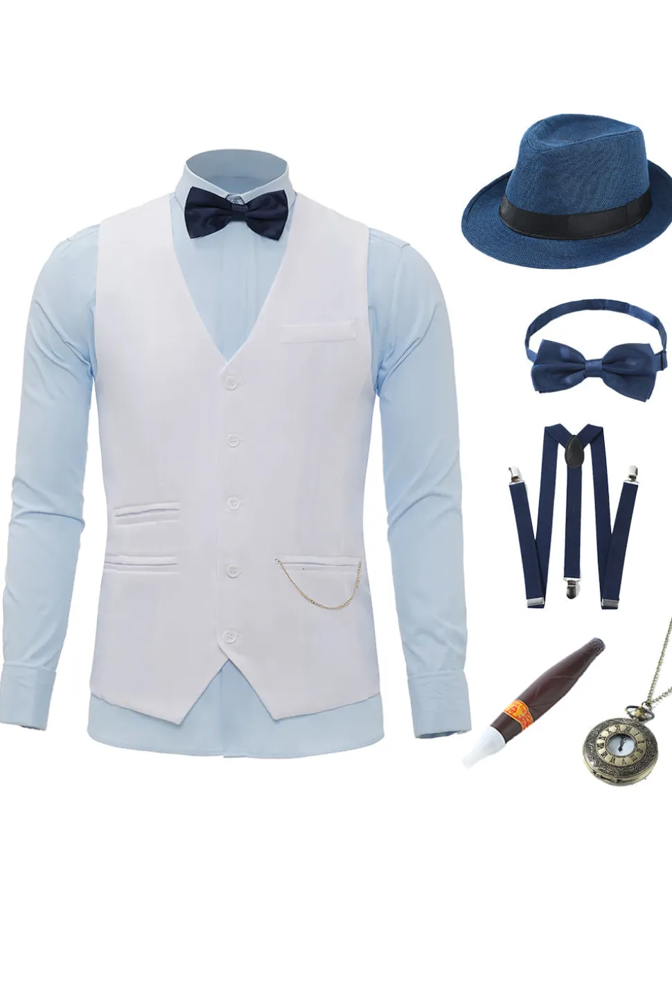 Corrente Branca Colete Masculino com 5 Peças Acessórios set