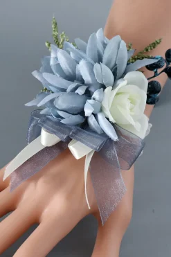 Corsage de pulso azul cinza e conjunto de homens Boutonniere para festa de casamento do baile de formatura