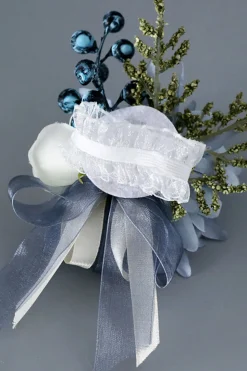 Corsage de pulso azul cinza e conjunto de homens Boutonniere para festa de casamento do baile de formatura