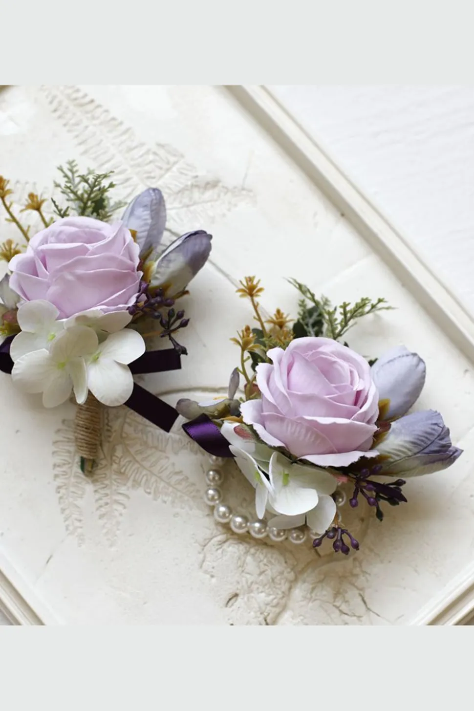 Corsage de pulso de baile de damasco e Boutonniere masculino para casamento