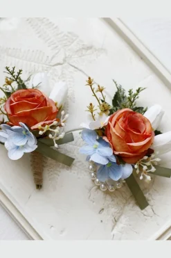 Corsage de pulso de baile de damasco e Boutonniere masculino para casamento