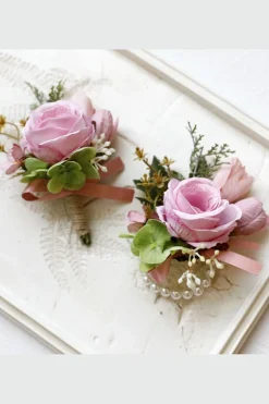 Corsage de pulso de baile de damasco e Boutonniere masculino para casamento