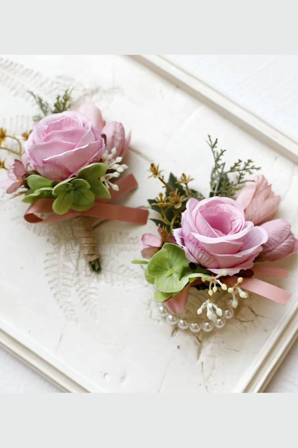 Corsage de pulso de baile de damasco e Boutonniere masculino para casamento