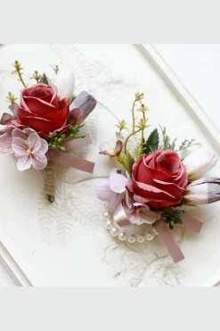 Corsage de pulso de baile de damasco e Boutonniere masculino para casamento