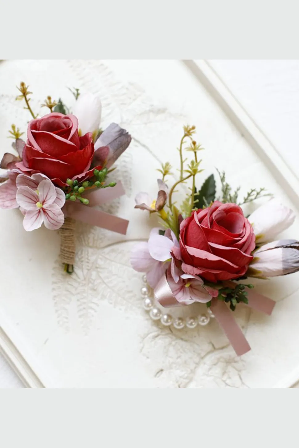 Corsage de pulso de baile de damasco e Boutonniere masculino para casamento