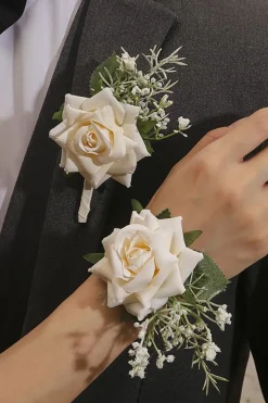 Corsage de pulso de marfim e conjunto de homens Boutonniere para festa de baile