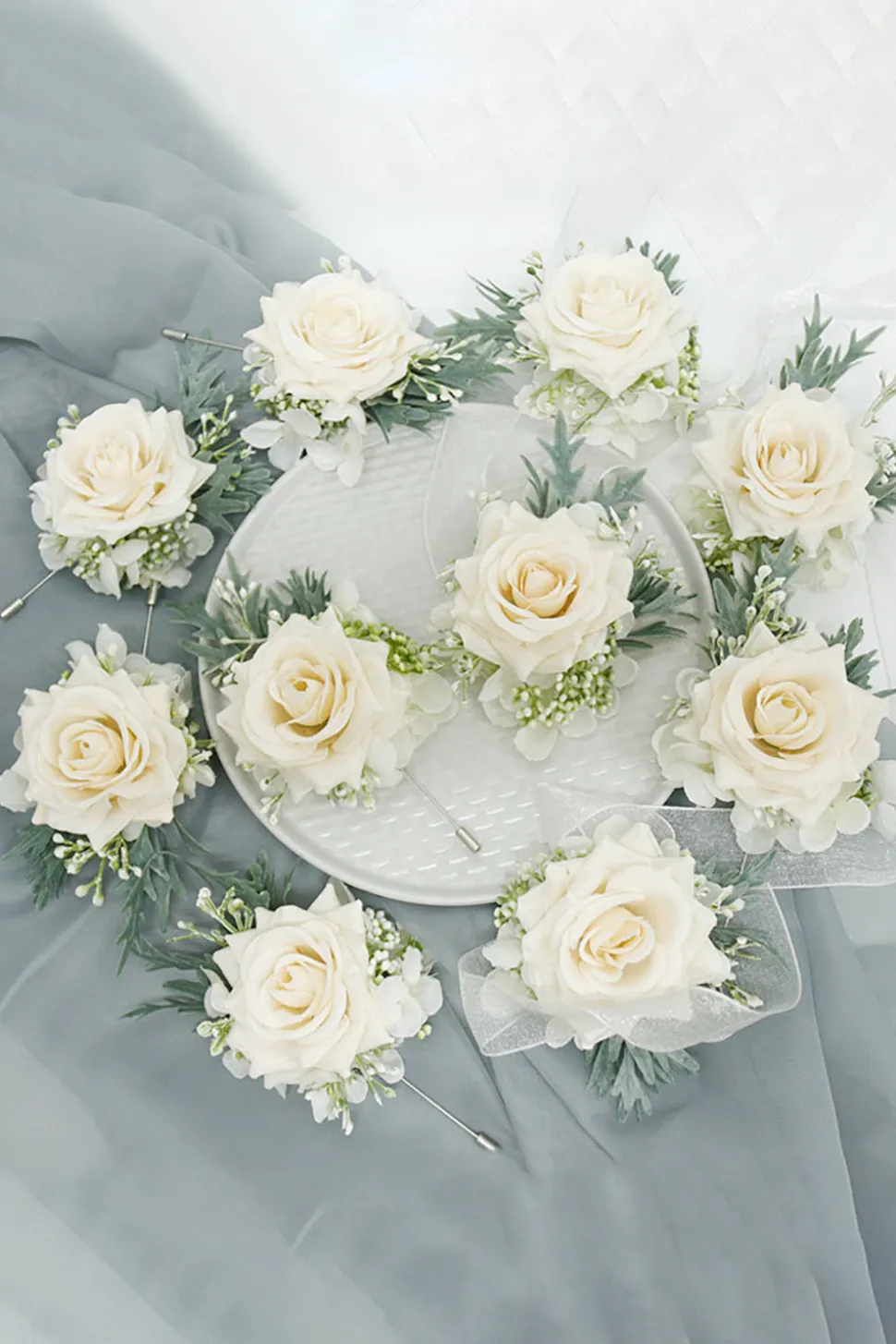 Corsage de pulso de marfim e conjunto de homens Boutonniere para festa de baile