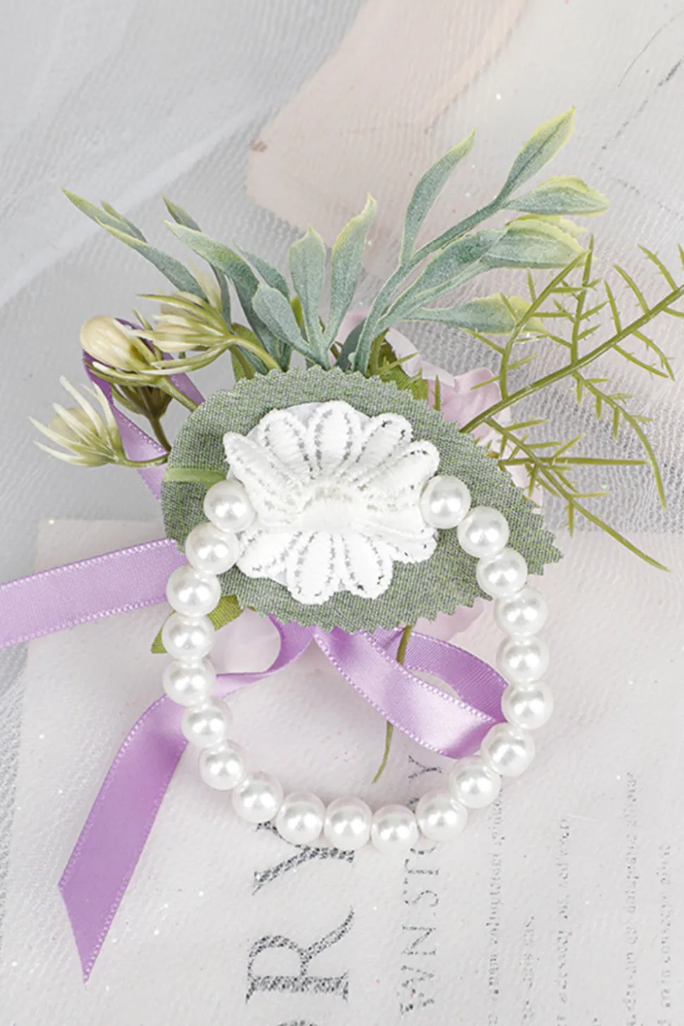 Corsage de pulso delicado de pérola rosa para festa de casamento