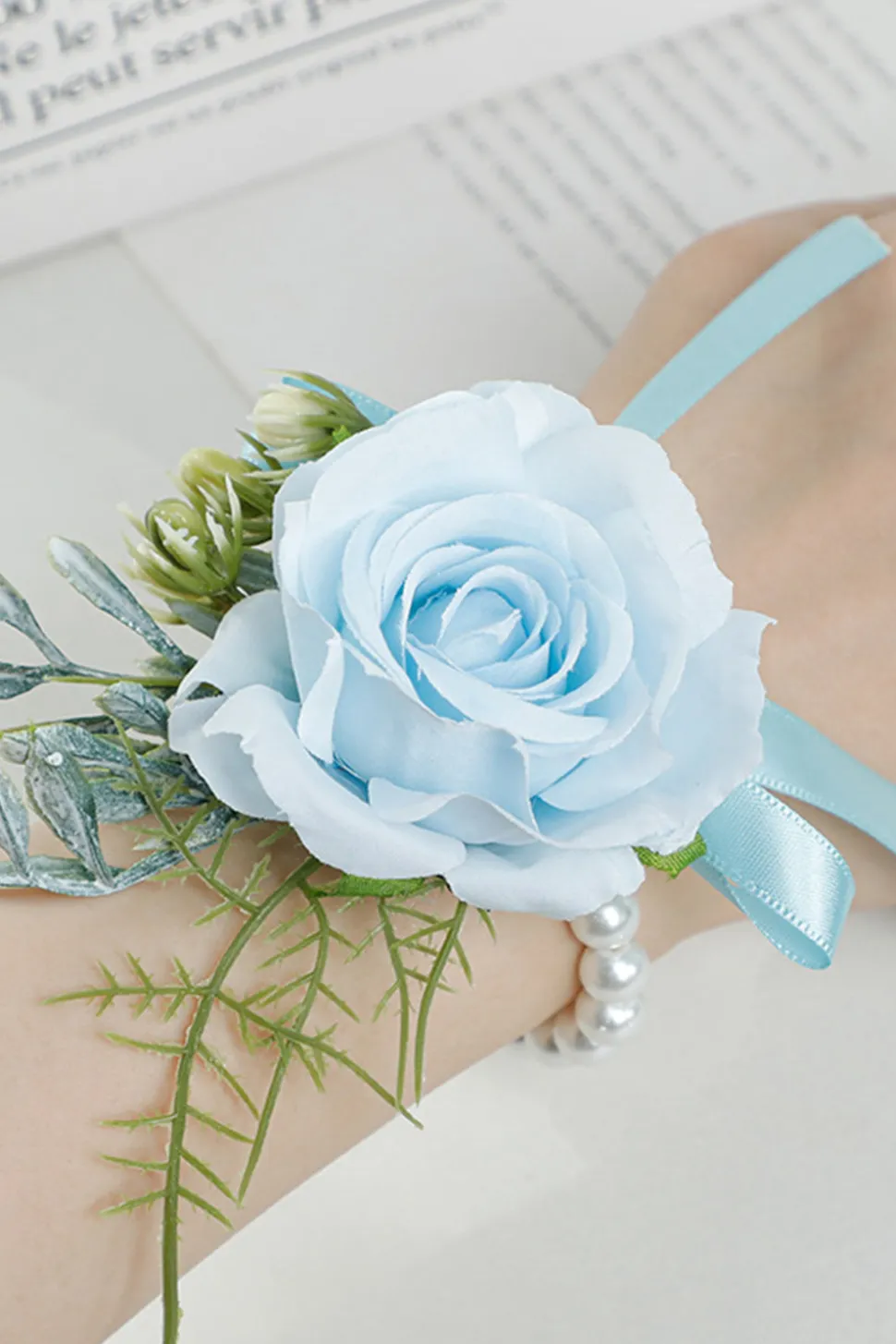 Corsage de pulso delicado de pérola rosa para festa de casamento