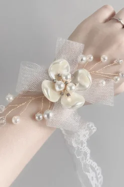 Corsage de pulso elegante de malha de flor de cerâmica branca com fita de renda