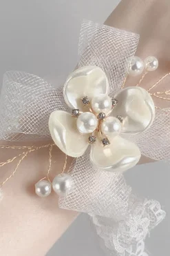 Corsage de pulso elegante de malha de flor de cerâmica branca com fita de renda