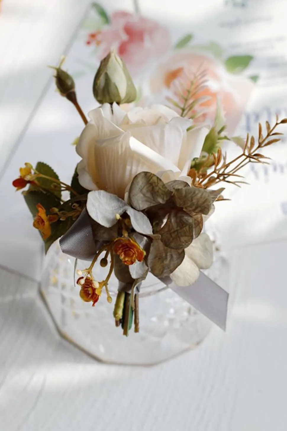 Corsage de pulso elegante Blush Prom e Boutonniere masculino para festa de casamento