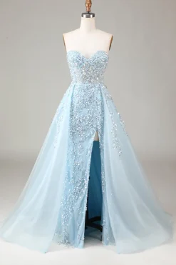 Corset Blue Strapless Um vestido de baile de formatura de linha com fenda