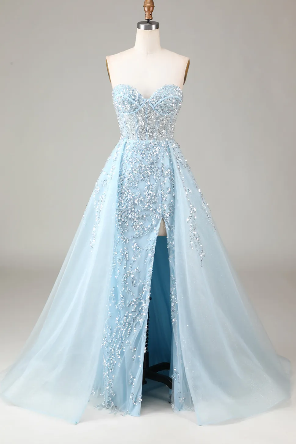 Corset Blue Strapless Um vestido de baile de formatura de linha com fenda