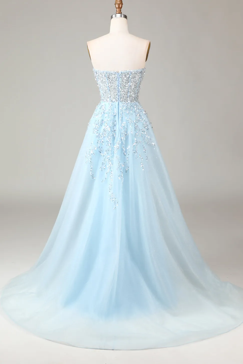Corset Blue Strapless Um vestido de baile de formatura de linha com fenda