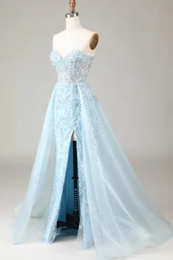 Corset Blue Strapless Um vestido de baile de formatura de linha com fenda