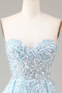 Corset Blue Strapless Um vestido de baile de formatura de linha com fenda