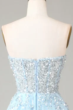 Corset Blue Strapless Um vestido de baile de formatura de linha com fenda