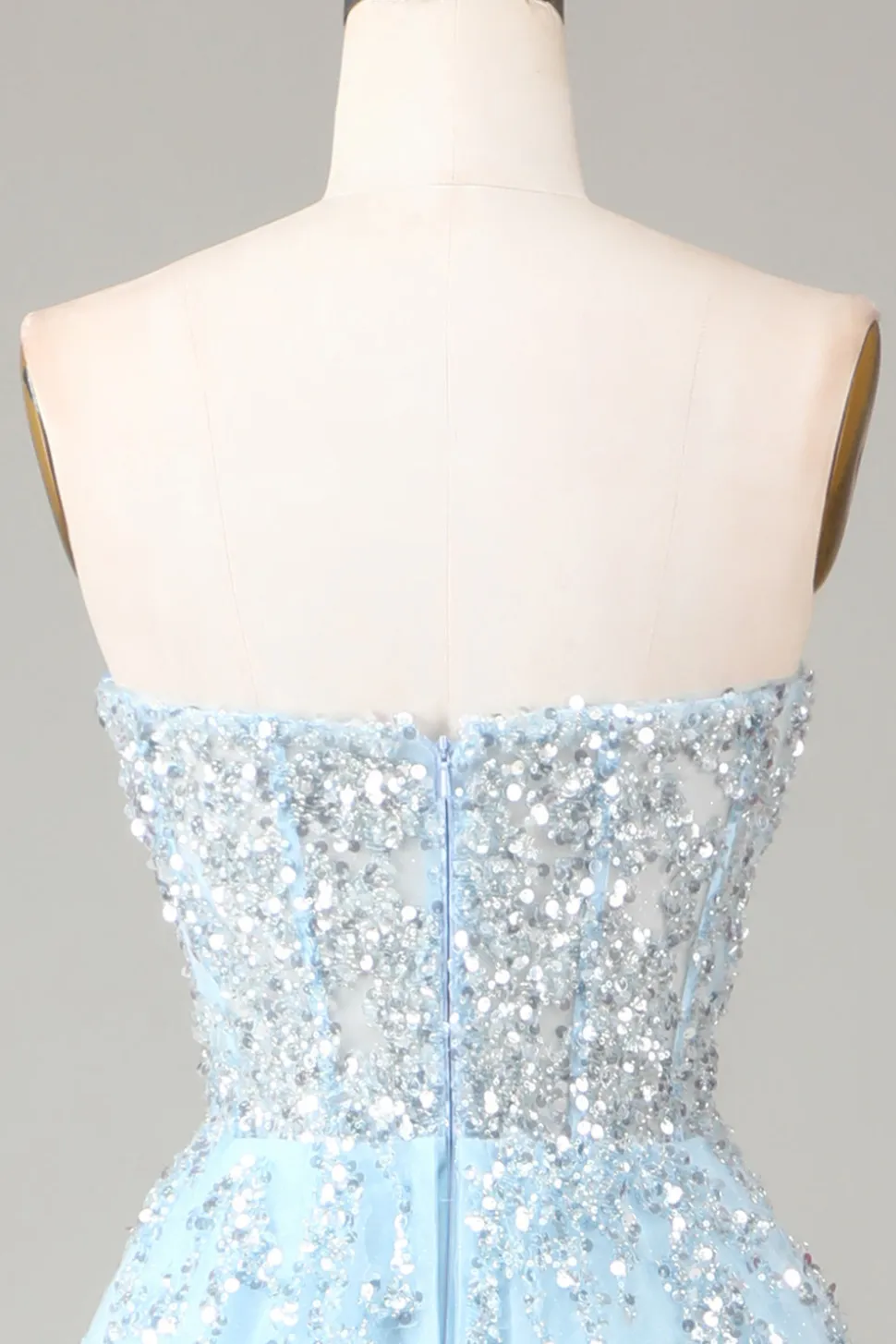 Corset Blue Strapless Um vestido de baile de formatura de linha com fenda