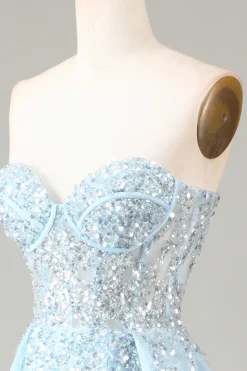 Corset Blue Strapless Um vestido de baile de formatura de linha com fenda