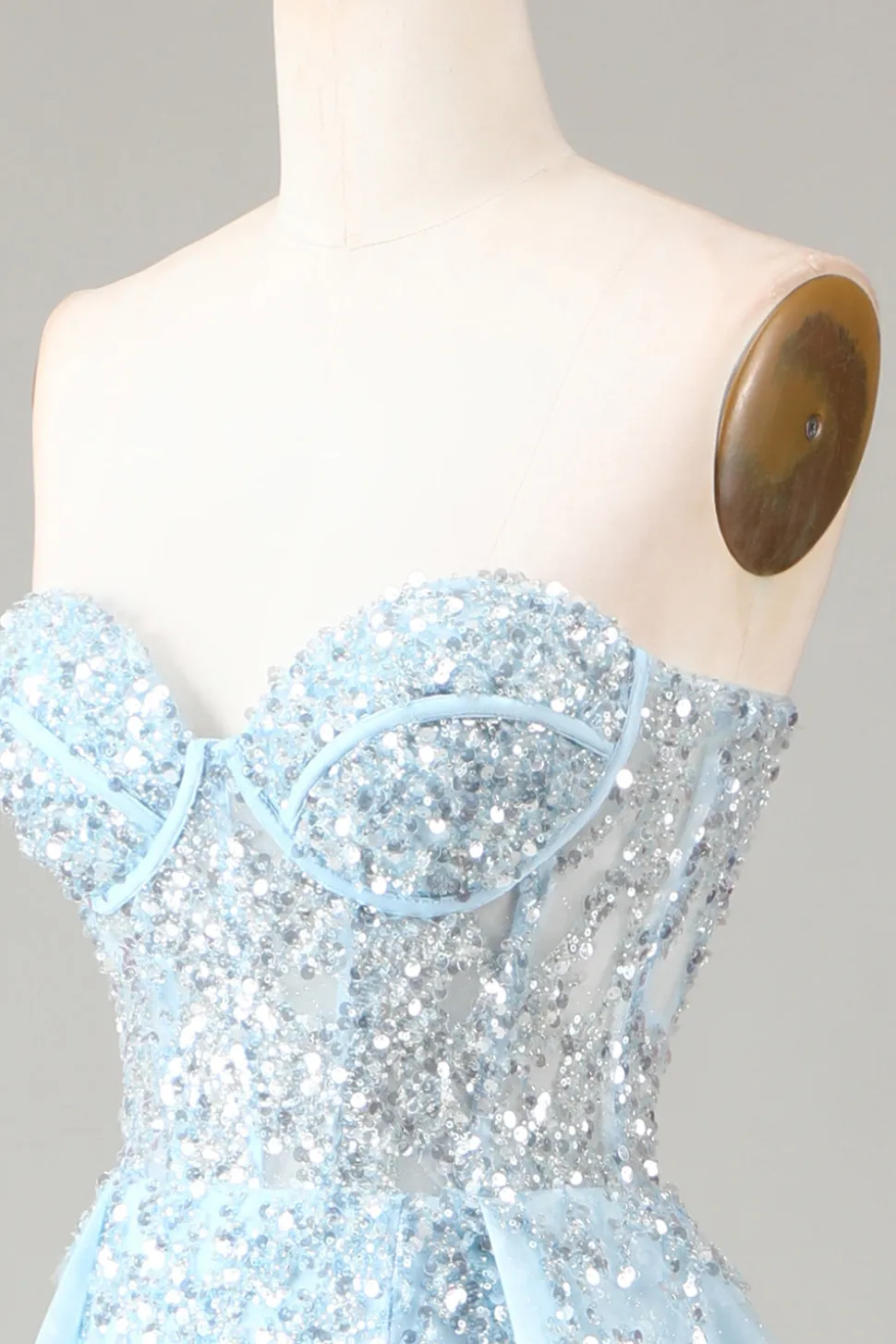 Corset Blue Strapless Um vestido de baile de formatura de linha com fenda