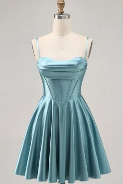 Corset Cetim Cinza Verde A-line Vestido Curto Homecoming