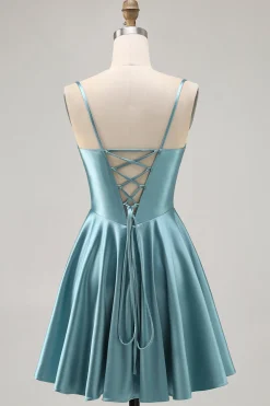 Corset Cetim Cinza Verde A-line Vestido Curto Homecoming