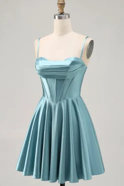 Corset Cetim Cinza Verde A-line Vestido Curto Homecoming