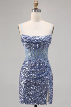 Corset Cinza Azul Bodycon Vestido Homecoming Sequin