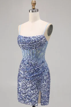 Corset Cinza Azul Bodycon Vestido Homecoming Sequin