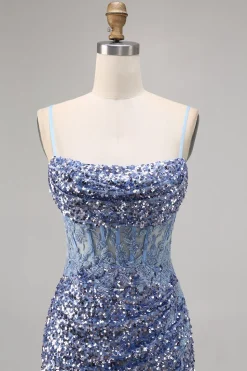 Corset Cinza Azul Bodycon Vestido Homecoming Sequin