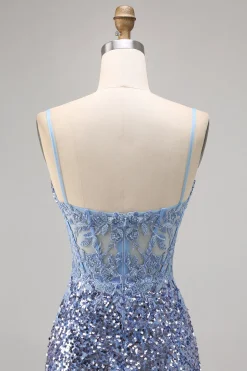 Corset Cinza Azul Bodycon Vestido Homecoming Sequin
