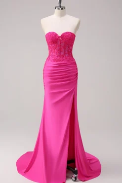 Corset Fuchsia Sereia Strapless Ruched Corset Long Prom Dress with Slit