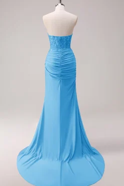 Corset Fuchsia Sereia Strapless Ruched Corset Long Prom Dress with Slit
