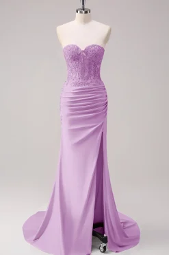 Corset Fuchsia Sereia Strapless Ruched Corset Long Prom Dress with Slit