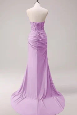 Corset Fuchsia Sereia Strapless Ruched Corset Long Prom Dress with Slit