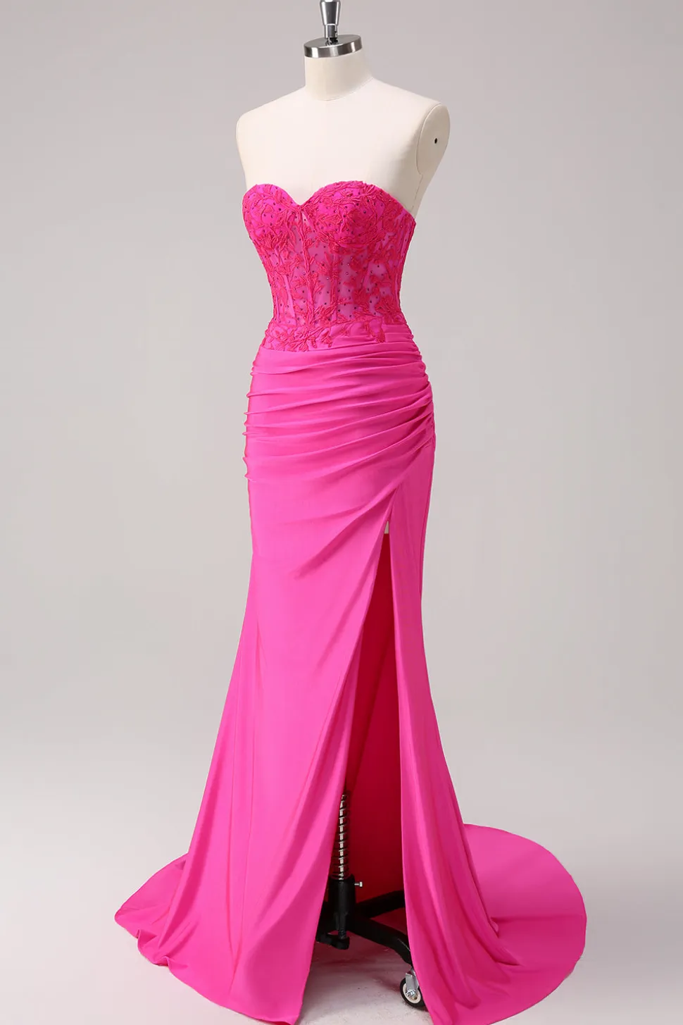 Corset Fuchsia Sereia Strapless Ruched Corset Long Prom Dress with Slit