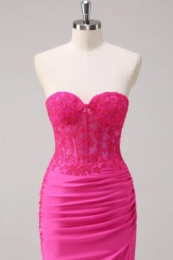 Corset Fuchsia Sereia Strapless Ruched Corset Long Prom Dress with Slit