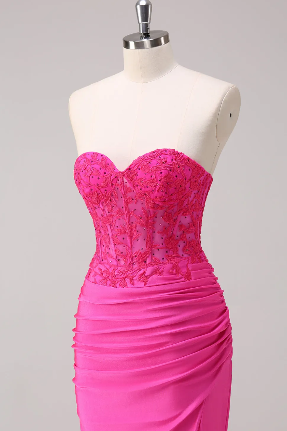 Corset Fuchsia Sereia Strapless Ruched Corset Long Prom Dress with Slit