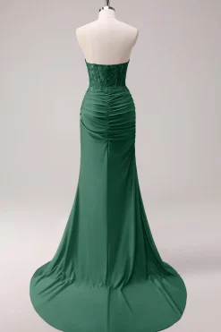 Corset Fuchsia Sereia Strapless Ruched Corset Long Prom Dress with Slit