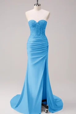 Corset Fuchsia Sereia Strapless Ruched Corset Long Prom Dress with Slit