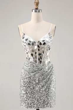Corset Prata V Pescoço Bodycon Espelho Homecoming Dress