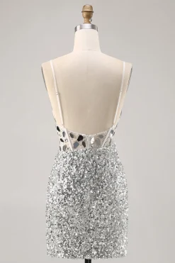 Corset Prata V Pescoço Bodycon Espelho Homecoming Dress